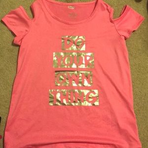 Do your own thing pink and silver workout shirt.